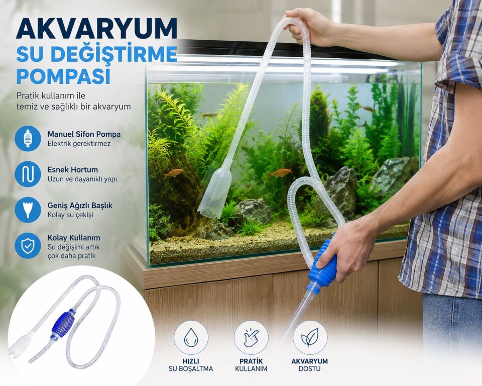 Akvaryum Dip Çekim Sifonu 170 cm Manuel Su Değiştirme ve Kum Temizleme Hortumu
