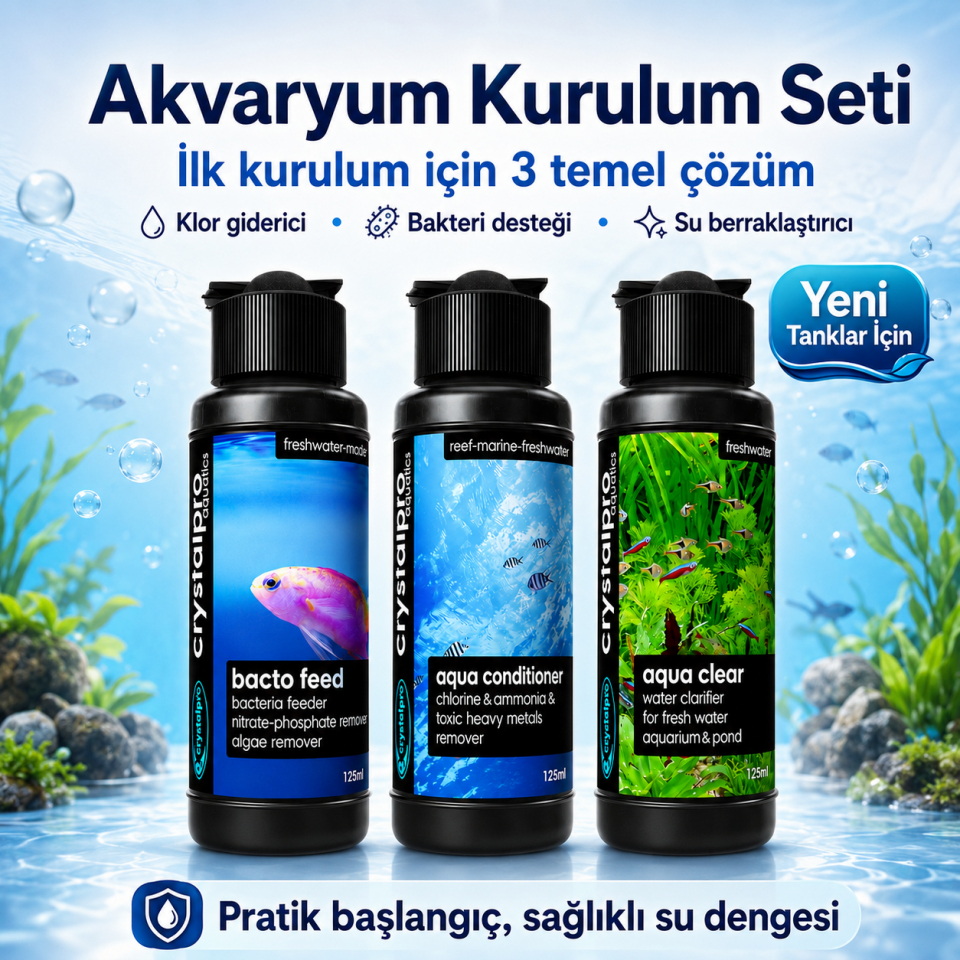 Crystalpro Akvaryum Kurulum Bakım Seti 3’lü Su Düzenleyici Bakteri Desteği Ölçü Kaşığı Hediyeli