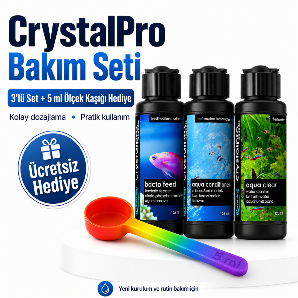 Crystalpro Akvaryum Kurulum Bakım Seti 3’lü Su Düzenleyici Bakteri Desteği Ölçü Kaşığı Hediyeli