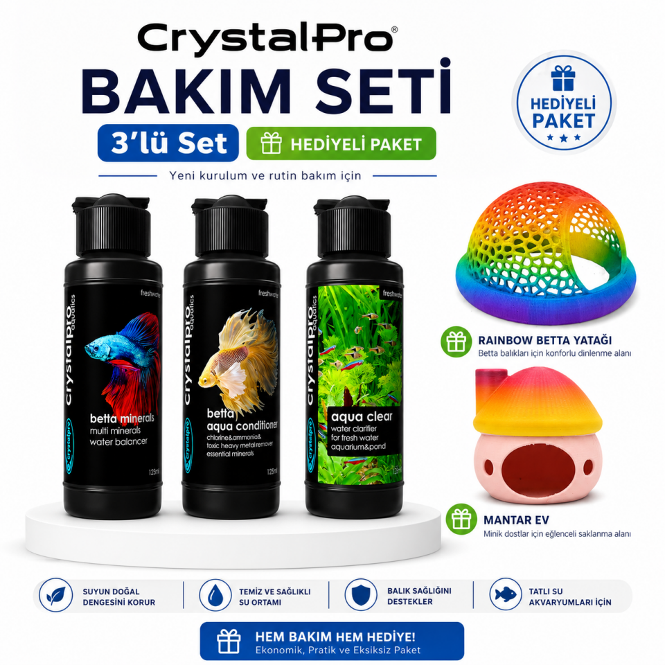 Crystalpro Betta Akvaryum Bakım Seti 3x125 ml 2 Hediyeli Betta Yatağı ve Mantar Ev