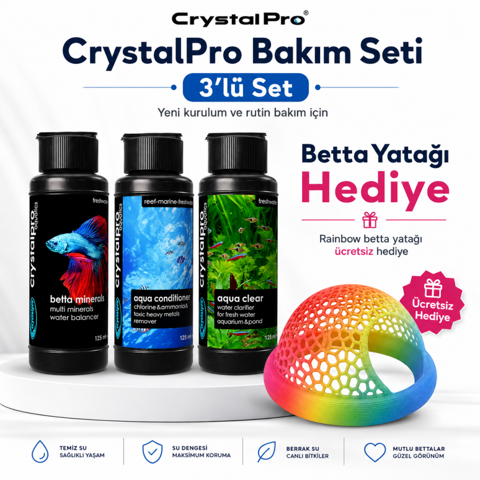 Crystalpro Betta Bakım Seti 3x125 ml Su Düzenleyici Berraklaştırıcı Betta Yatağı Hediyeli