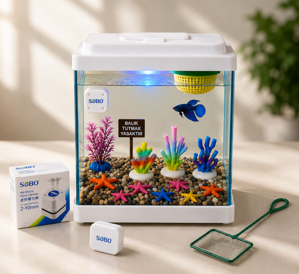 Mini Akvaryum Seti 20x15x18 cm Betta Balığı İçin Çerçeveli Cam Akvaryum ve Dekor Seti
