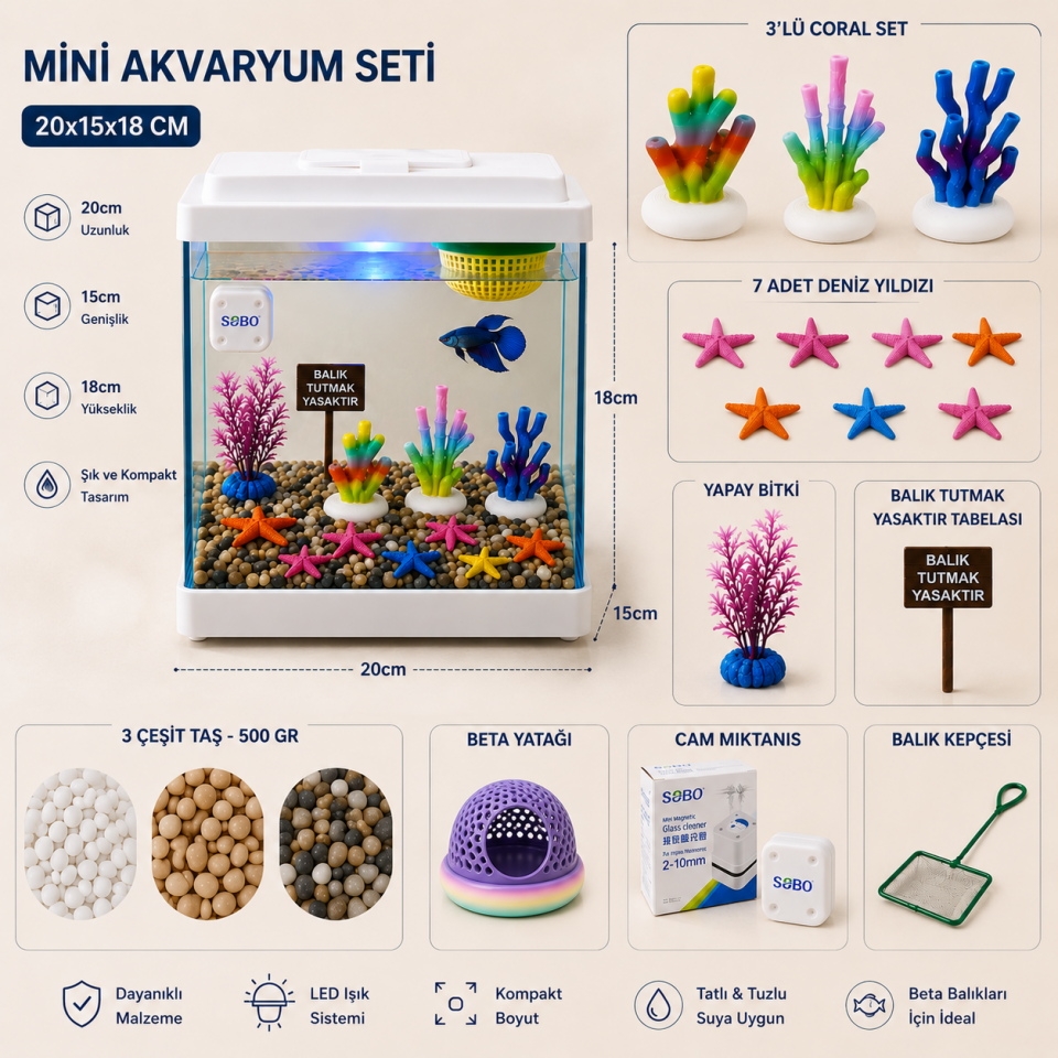 Mini Akvaryum Seti 20x15x18 cm Betta Balığı İçin Çerçeveli Cam Akvaryum ve Dekor Seti