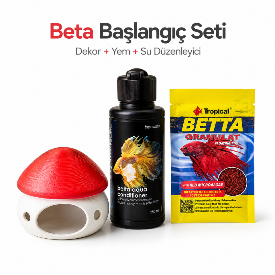 Muyu Craft Beta Başlangıç Seti - Kırmızı Mantarlı Akvaryum Dekoru, Betta Yemi ve Su Düzenleyici