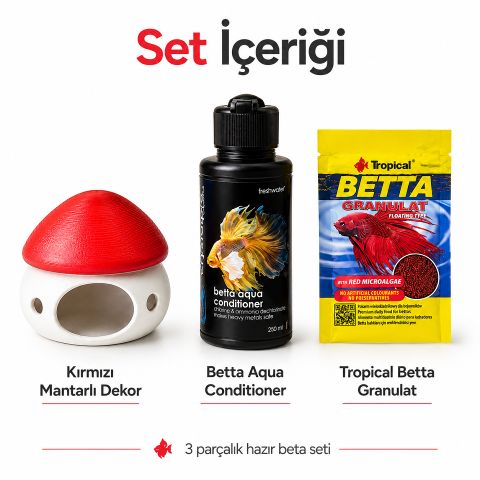 Muyu Craft Beta Başlangıç Seti - Kırmızı Mantarlı Akvaryum Dekoru, Betta Yemi ve Su Düzenleyici