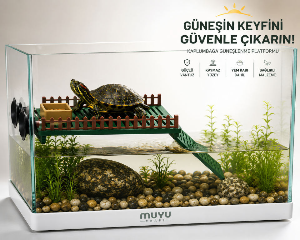 Kaplumbağa Beslenme ve Güneşlenme Platformu | Yem Kabı Dahil | Vantuzlu Akvaryum Adası