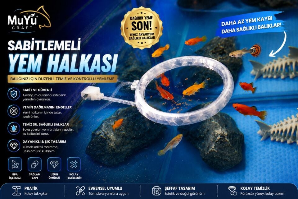MuYu Craft Sabitlemeli Akvaryum Yem Halkası | Dağılmayan Yemleme Sistemi | 10 cm Şeffaf M BOY