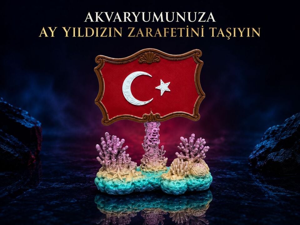 Türk Bayrağı Temalı Akvaryum Dekoru Ay Yıldızlı Mercan Tasarımlı Süs