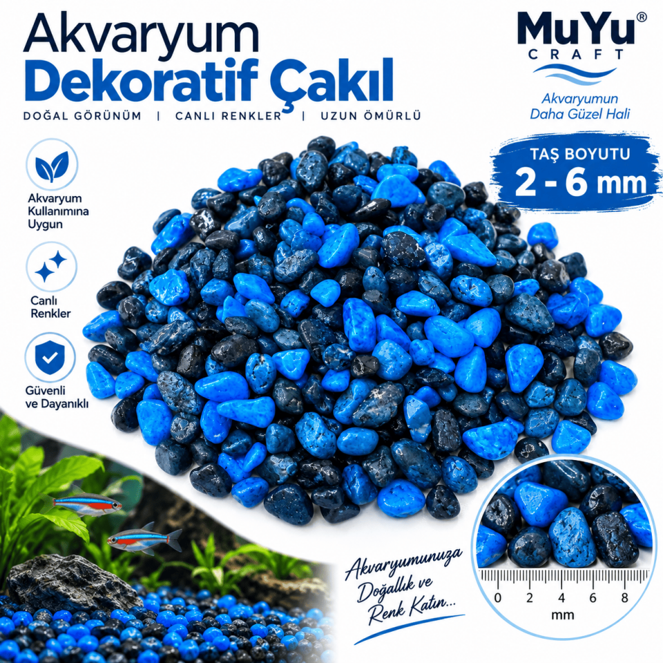 Mavi Siyah Akvaryum Dekor Taşı Renkli Çakıl